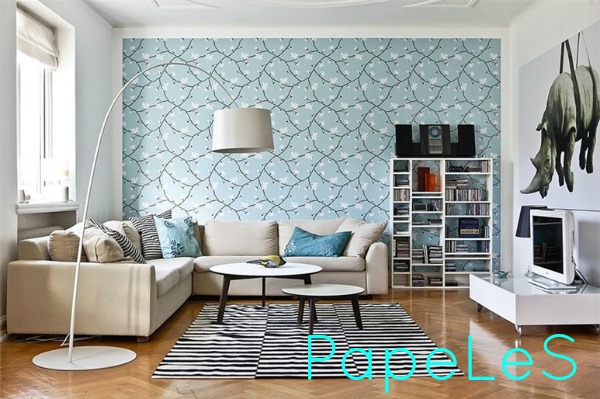 salon, sofa, azul, papel, decoracion, idehadas