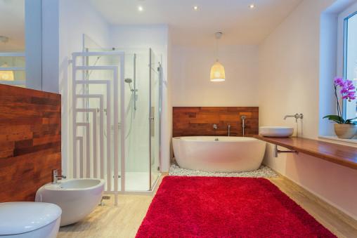 Baño con alfombra roja