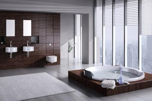 Baño moderno gris y madera