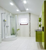 Baño con mueble suspendido verde pistacho