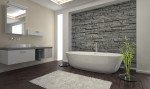 Baño minimalista con revestimiento de piedra
