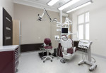 Clínica dental con mueble y sillón granate